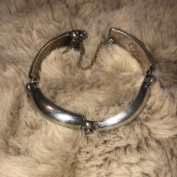 VTG Taxco 925 Silver Geometric Rectangle & Ball Link Bracelet w Safety Chain - Picture 4 of 12